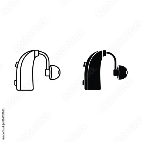 Simple line art and silhouette icons of behind the ear hearing aids