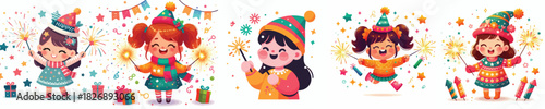 vector little girl playing fireworks new year celebration