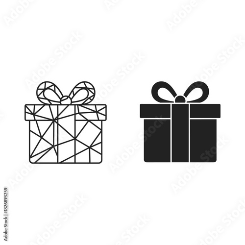 Two gift boxes one outlined with geometric pattern and one solid black silhouette