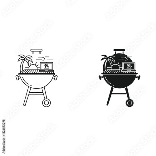 Two barbecue grills one outlined and one solid black with food and palm trees