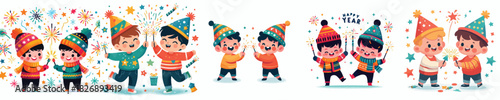 vector two children playing fireworks new year celebration