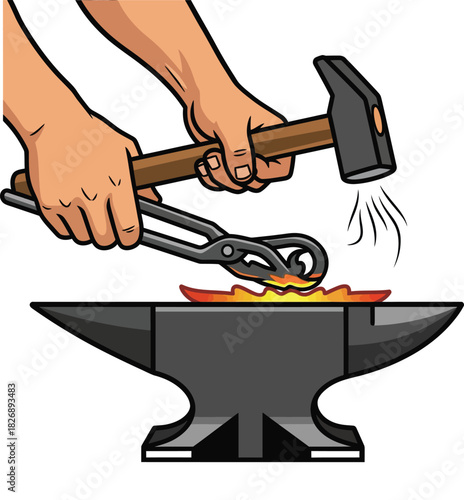 Blacksmith hands forging hot metal on an anvil with a hammer and tongs.