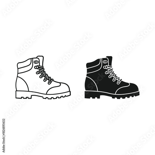 Stylized outline and silhouette of a rugged hiking boot