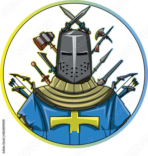 Cartoon Crusader Knight with an Arsenal of Medieval Weapons.