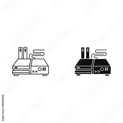 Two stylized icons of a vintage video game console with controllers and cables