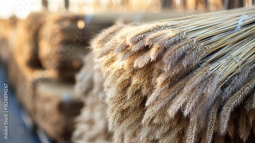 Bundles of dried reeds showing natural texture and details