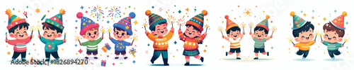 vector two children playing fireworks new year celebration