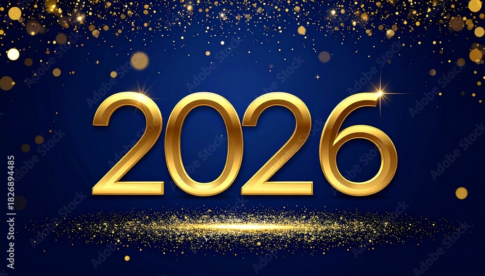 Fototapeta premium Gold 2026 Numerals with Fireworks and Confetti on Dark Blue Background for New Year Celebration