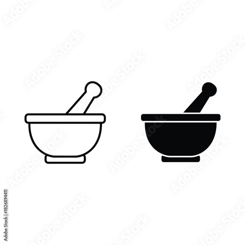 Two simple icons of a mortar and pestle one outlined and one solid black