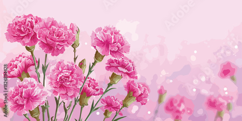 풍성한 분홍색 카네이션 꽃다발이 부드러운 파스텔 배경에 피어나는 아름다운 일러스트