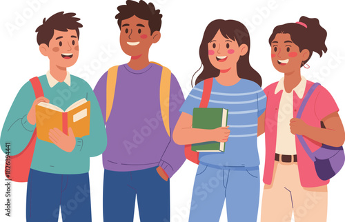 Diverse Group of Happy College Students Vector Illustration Standing Together with Books and Backpacks Representing Friendship, Youth, and Modern Education.