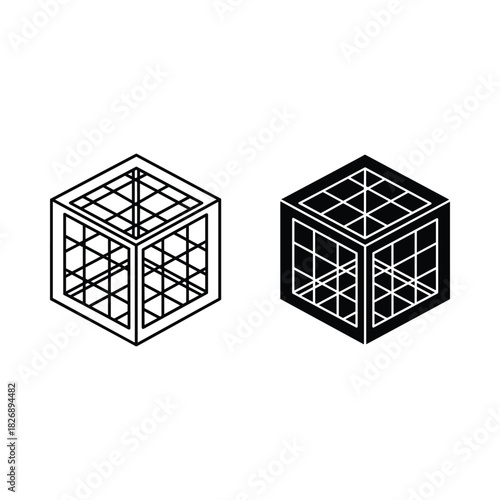 Two isometric wireframe cubes one outlined and one solid black