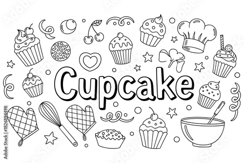 Cupcake-themed coloring page with baking tools and sweets illustrations