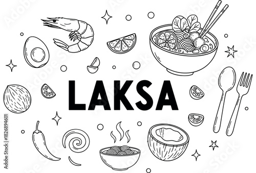 Illustrated laksa ingredients with noodles, prawn, coconut, and chili