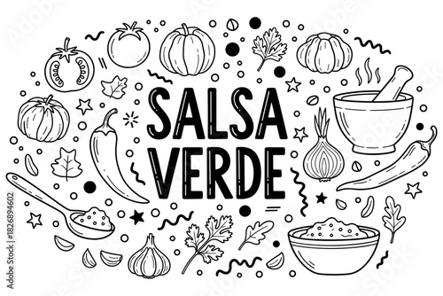 Salsa verde ingredients outline with tomatoes, peppers, and bowls