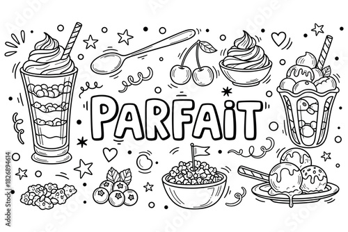 Hand-drawn parfait desserts with berries and ice cream in whimsical style