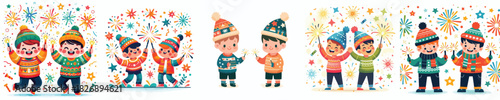 vector two children playing fireworks new year celebration