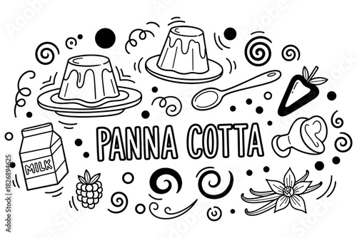 Black and white panna cotta ingredients illustration with milk, strawberry, and vanilla