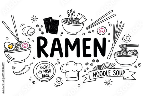 Ramen ingredients and elements: noodles, broth, chopsticks, and toppings