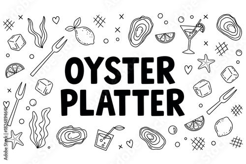 Oyster platter with lemons, cocktails, and decorative elements in black and white