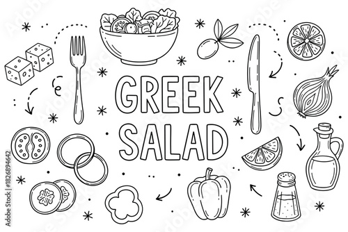 Hand-drawn greek salad ingredients with vegetables, spices, and utensils