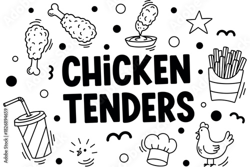 Playful chicken tenders design with snacks and doodles in black and white