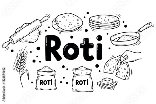 Roti preparation: rolling pin, dough, flour, and cooking process