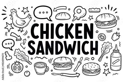 Creative chicken sandwich illustration with doodles of ingredients and icons