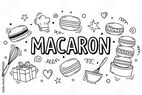 Playful macaron doodle with whisk, hat, gift, stars, and hearts