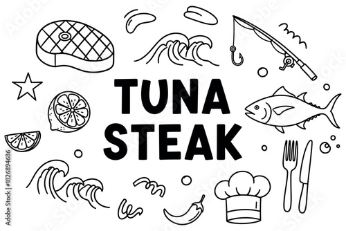 Tuna steak illustration with culinary and ocean elements