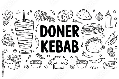 Doner kebab elements in black and white: spices, sauces, and ingredients