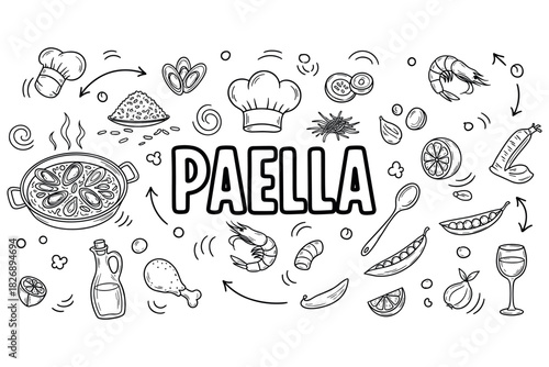 Paella ingredients and cooking elements doodle illustration in black and white
