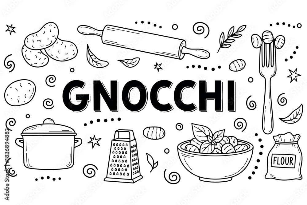 Fototapeta premium Gnocchi ingredients and utensils illustration with potatoes and rolling pin