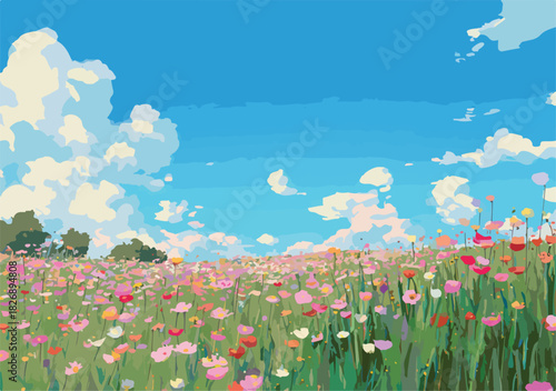 푸른 하늘과 구름 아래 펼쳐진 아름다운 야생화 들판의 벡터 일러스트레이션