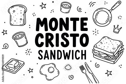 Monte cristo sandwich ingredients: bread, cheese, ham, butter, and egg with doodles