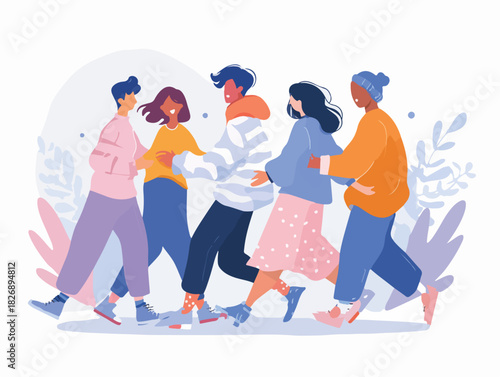 다양한 인종과 성별의 젊은이들이 함께 걸으며 즐거워하는 모습의 벡터 일러스트레이션