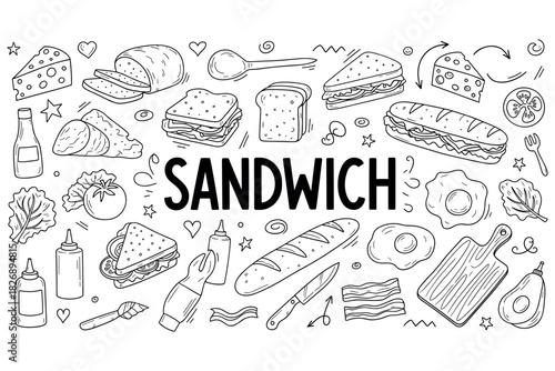 Doodle of sandwich ingredients and cooking tools in black and white