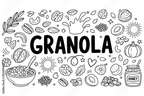 Granola ingredients and design elements in black and white