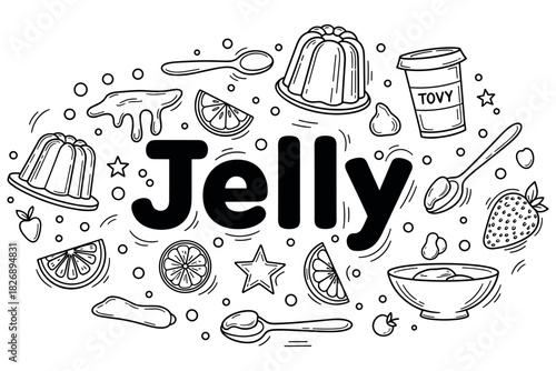 Black and white doodle art with various jelly desserts and fruits