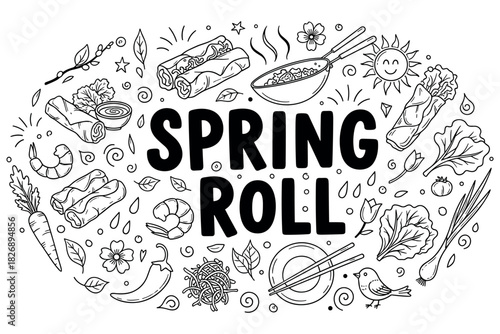Spring roll doodle art with fresh ingredients and utensils
