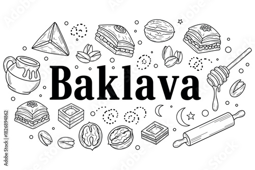 Baklava illustration with honey, walnuts, and pastry elements in black and white