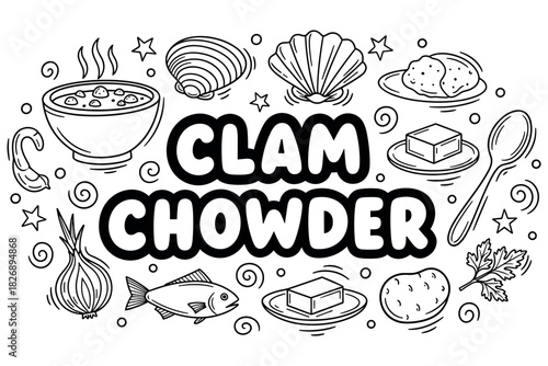 Clam chowder ingredients: soup, shellfish, potatoes, butter, herbs, onions