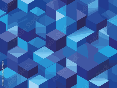 다양한 파란색 음영의 기하학적 큐브 패턴 배경, 추상적이고 현대적인 디자인