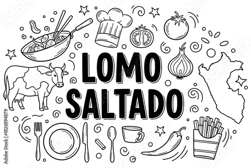 Lomo saltado peruvian cuisine elements in black and white illustration