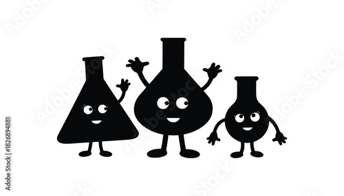 Three cartoon beakers with faces and limbs on a white background art