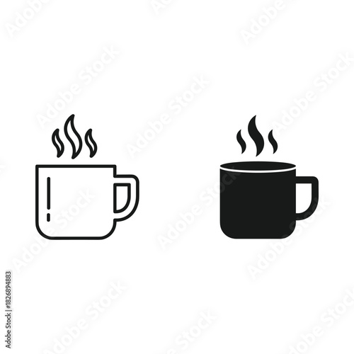 Two stylized icons of a steaming coffee cup one in outline and one solid black
