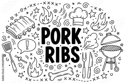Bbq pork ribs doodle art with grilling elements and utensils illustration