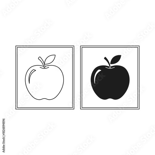 Two apples one outline drawing and one solid silhouette on white background