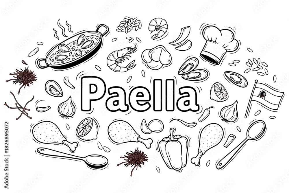 Obraz premium Paella ingredients: spanish dish outline with seafood, chicken, and vegetables