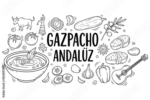 Gazpacho andaluz ingredients with spanish elements in black and white outline